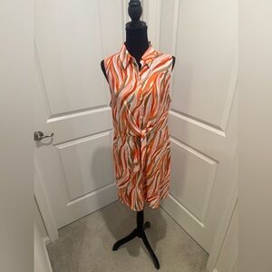 Nine West Orange and Green Sleeveless Mandarin Collar Dress